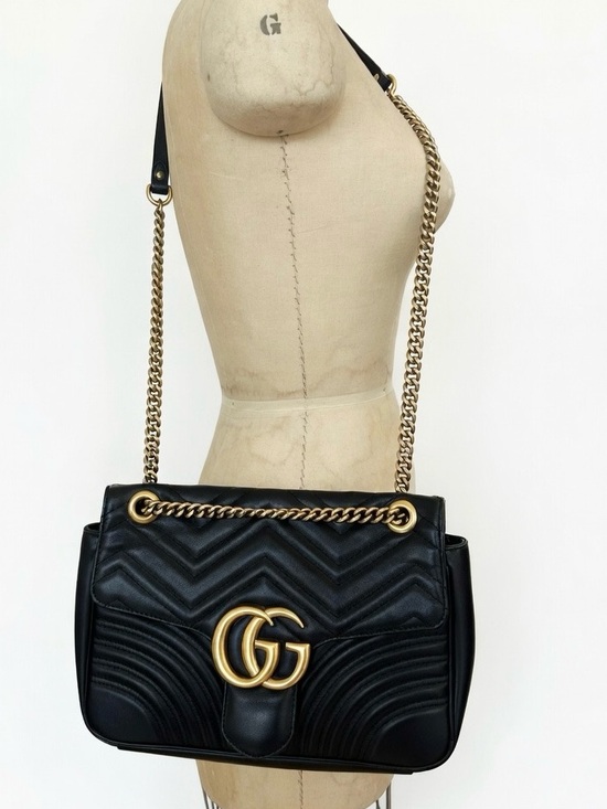 Gucci Handbags - Gucci GG Black Quilted Marmont Leather Shoulder Bag with Gold Hardware